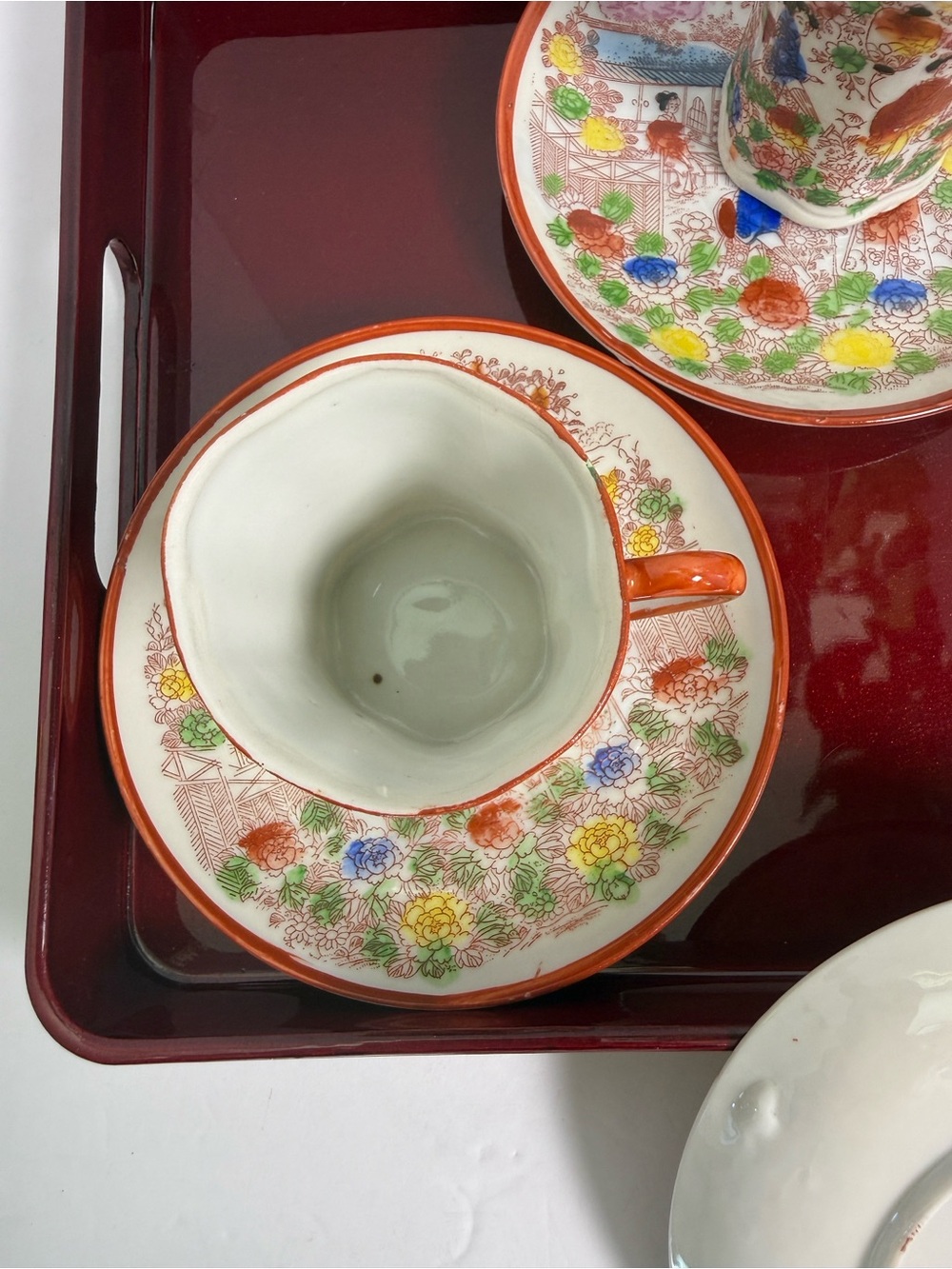 Traditional Floral Porcelain Espresso Cup and Saucer Set - Red Accent Four Sets - Picture 5 of 7